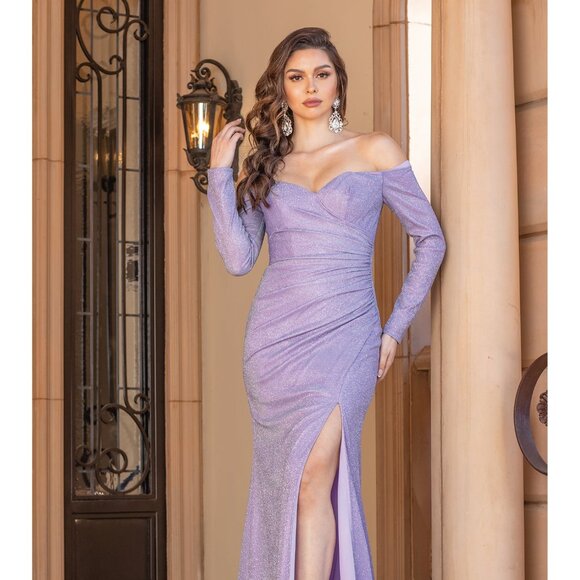 New Off Shoulder Sheath Glitter Prom Dress w/ Long Sleeves & Leg Slit DQ 4298 - Picture 7 of 9